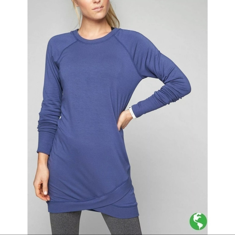 Athleta Cross Cross Long Sleeve Dress Blue Rain Check Size XS Athleisure